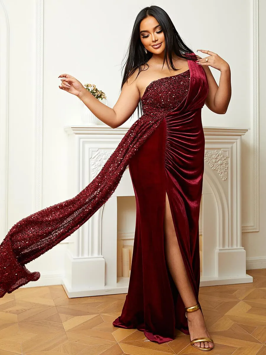 Plus Size One Shoulder Draped Sequin Burgundy Prom Dress PXH2356