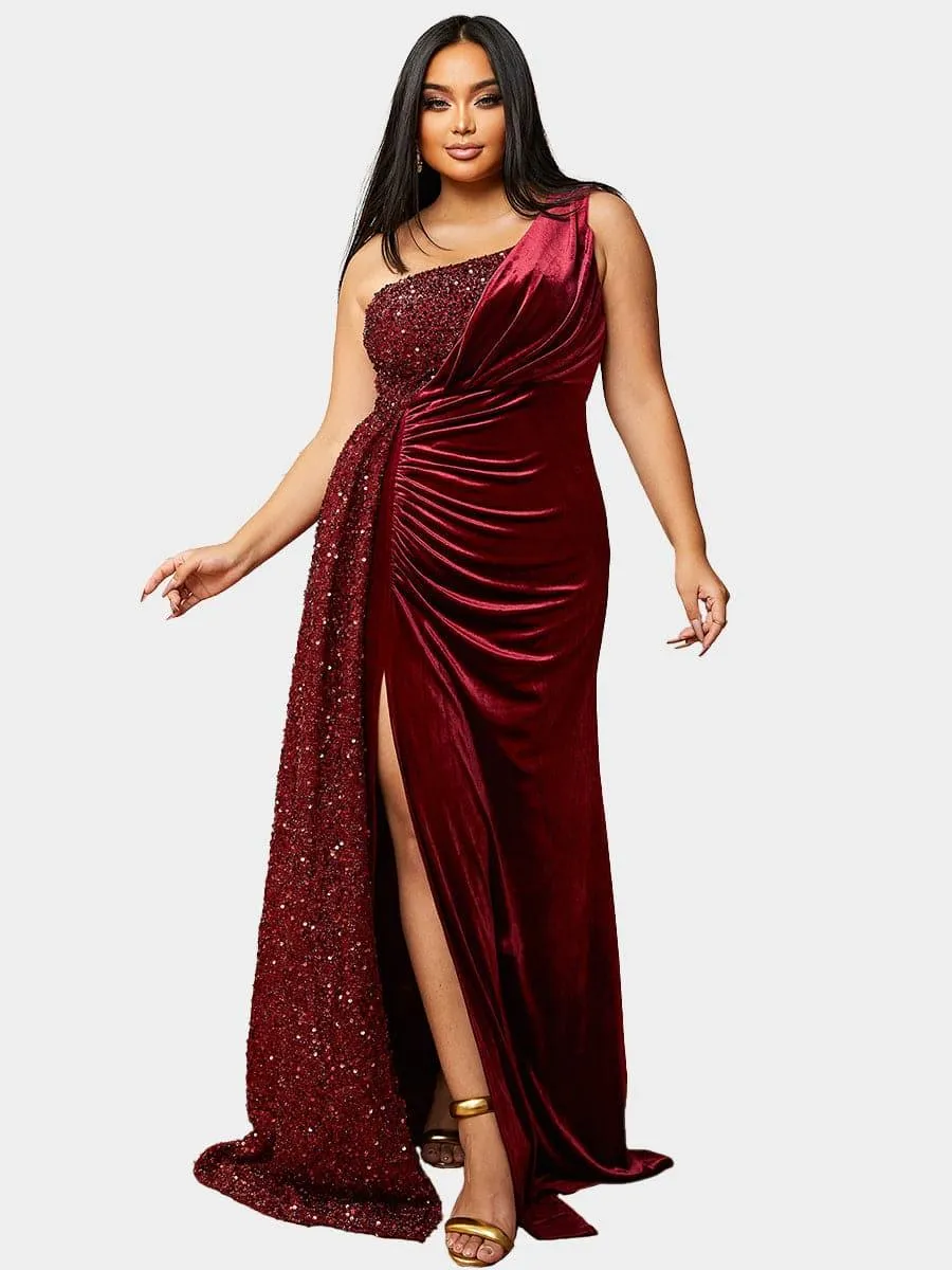 Plus Size One Shoulder Draped Sequin Burgundy Prom Dress PXH2356