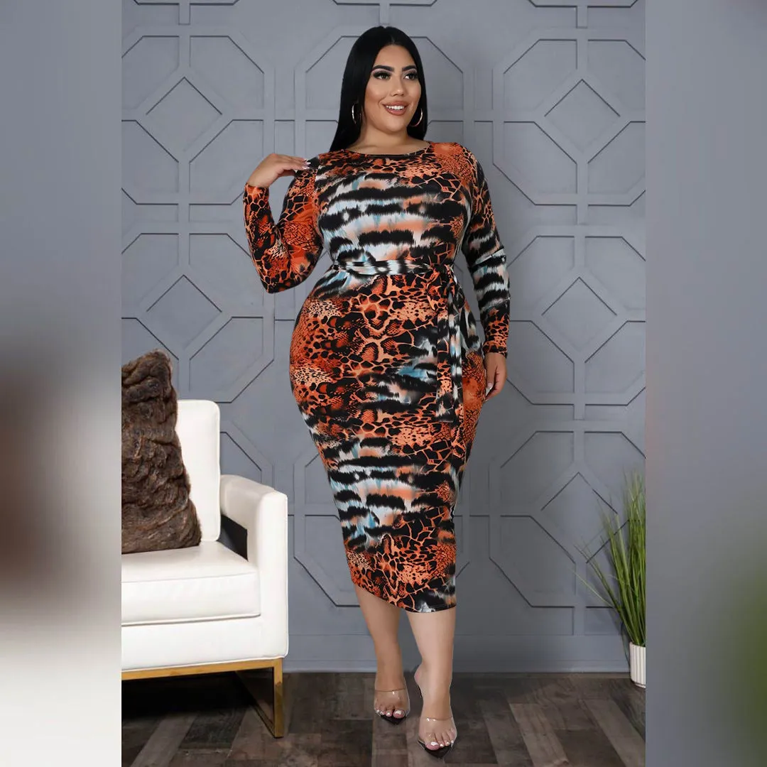 Plus Size Printed Leopard Print Tied Dress