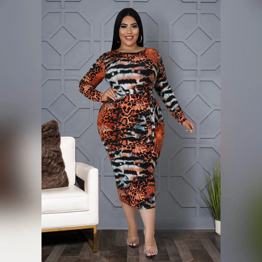Plus Size Printed Leopard Print Tied Dress