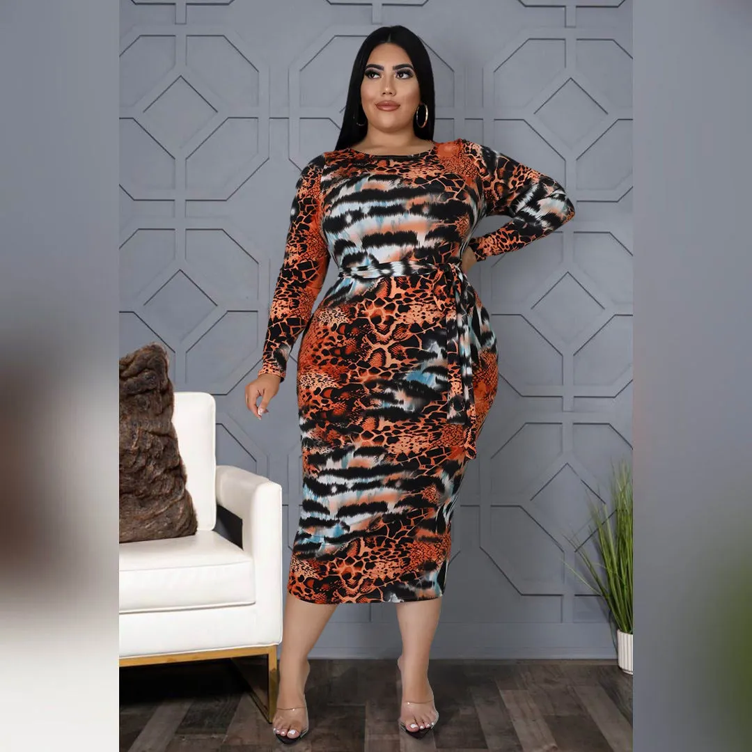 Plus Size Printed Leopard Print Tied Dress