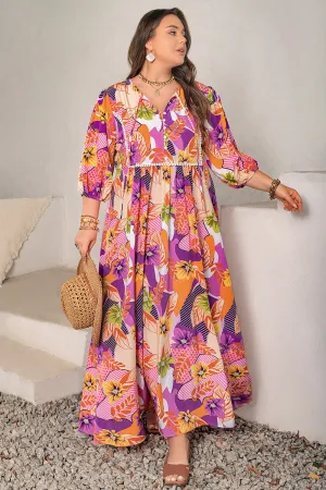 Plus Size Printed Tie Neck Maxi Dress