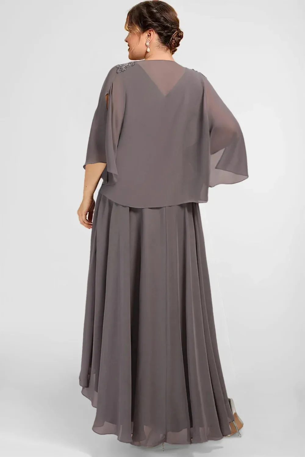 Plus Size Semi Formal Taupe Chiffon Drilling Two Pieces