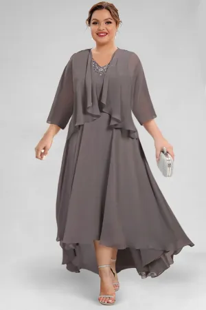 Plus Size Semi Formal Taupe Chiffon Drilling Two Pieces