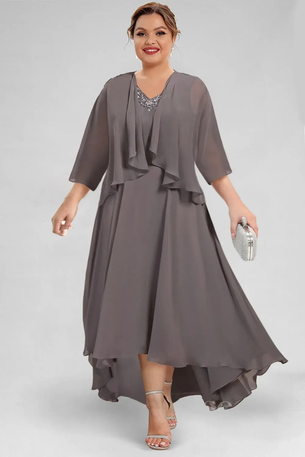 Plus Size Semi Formal Taupe Chiffon Drilling Two Pieces