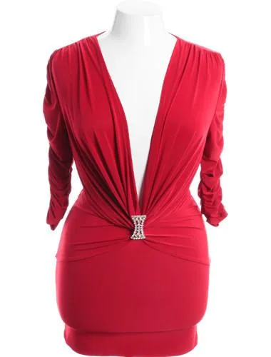 Plus Size Sexy Gathered Diamond Red Mini Dress