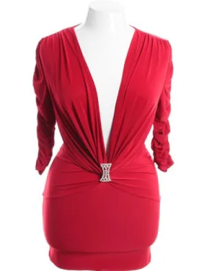 Plus Size Sexy Gathered Diamond Red Mini Dress
