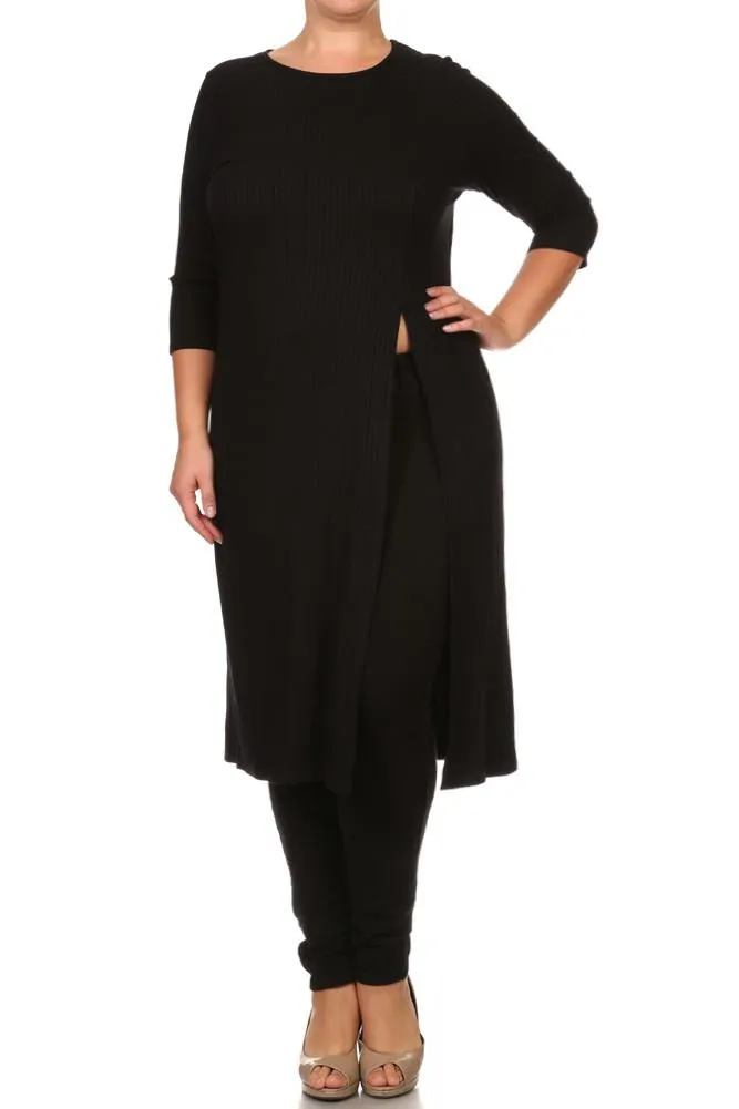 Plus Size Sexy High Slit Ribbed Maxi Shirt Dress