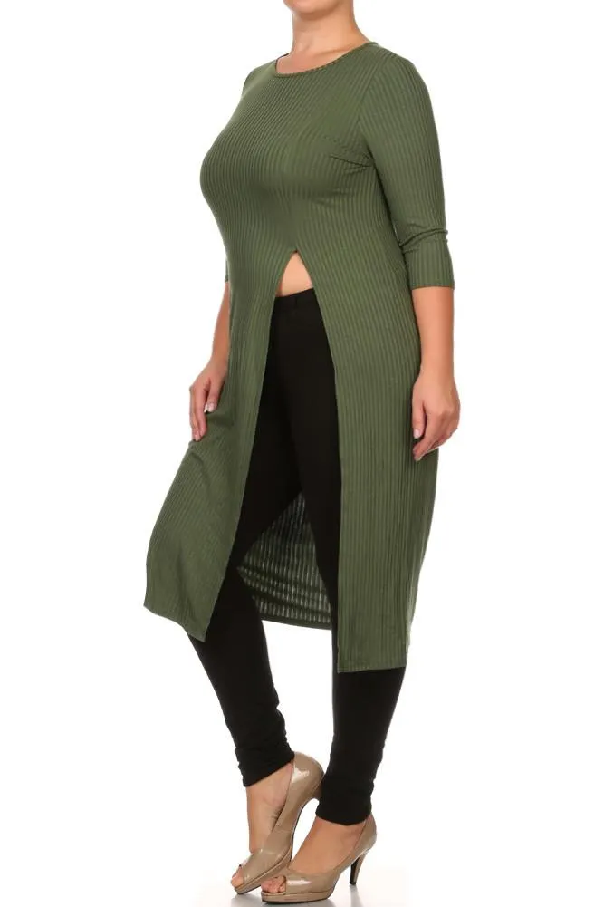 Plus Size Sexy High Slit Ribbed Maxi Shirt Dress