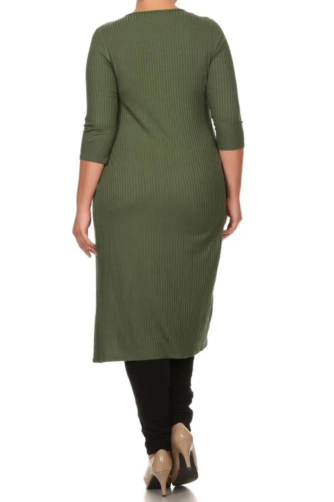 Plus Size Sexy High Slit Ribbed Maxi Shirt Dress