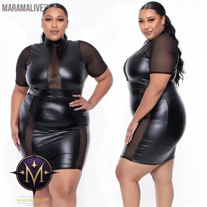Plus Size Sheer Leather Mini Dress Female Patchwork Mesh Outfit 2023 Women Fashion Elegant Clothing Large Size One Piece Dress