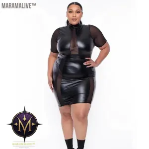 Plus Size Sheer Leather Mini Dress Female Patchwork Mesh Outfit 2023 Women Fashion Elegant Clothing Large Size One Piece Dress