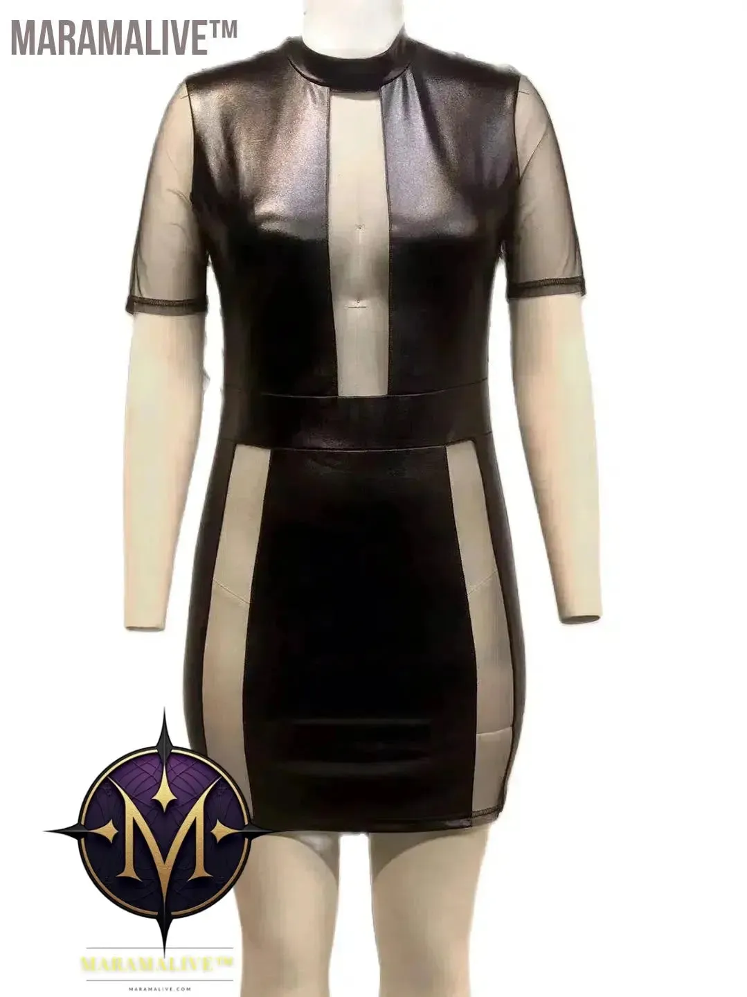 Plus Size Sheer Leather Mini Dress Female Patchwork Mesh Outfit 2023 Women Fashion Elegant Clothing Large Size One Piece Dress