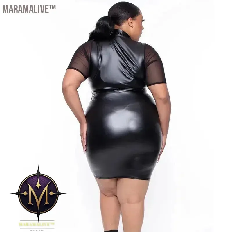 Plus Size Sheer Leather Mini Dress Female Patchwork Mesh Outfit 2023 Women Fashion Elegant Clothing Large Size One Piece Dress