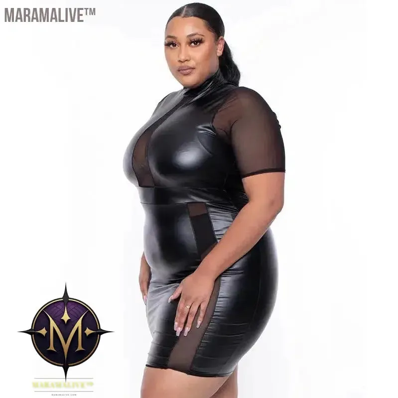 Plus Size Sheer Leather Mini Dress Female Patchwork Mesh Outfit 2023 Women Fashion Elegant Clothing Large Size One Piece Dress