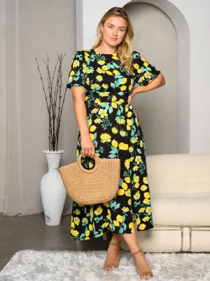 PLUS SIZE SHORT SLEEVE FRONT SLIT FLORAL MAXI DRESS