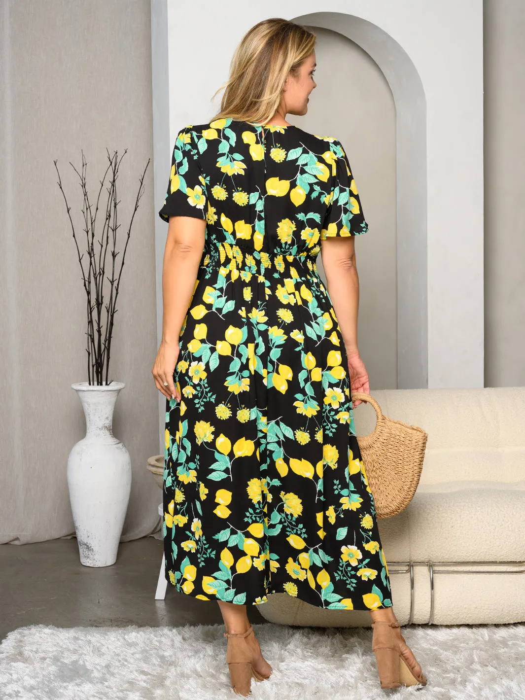 PLUS SIZE SHORT SLEEVE FRONT SLIT FLORAL MAXI DRESS