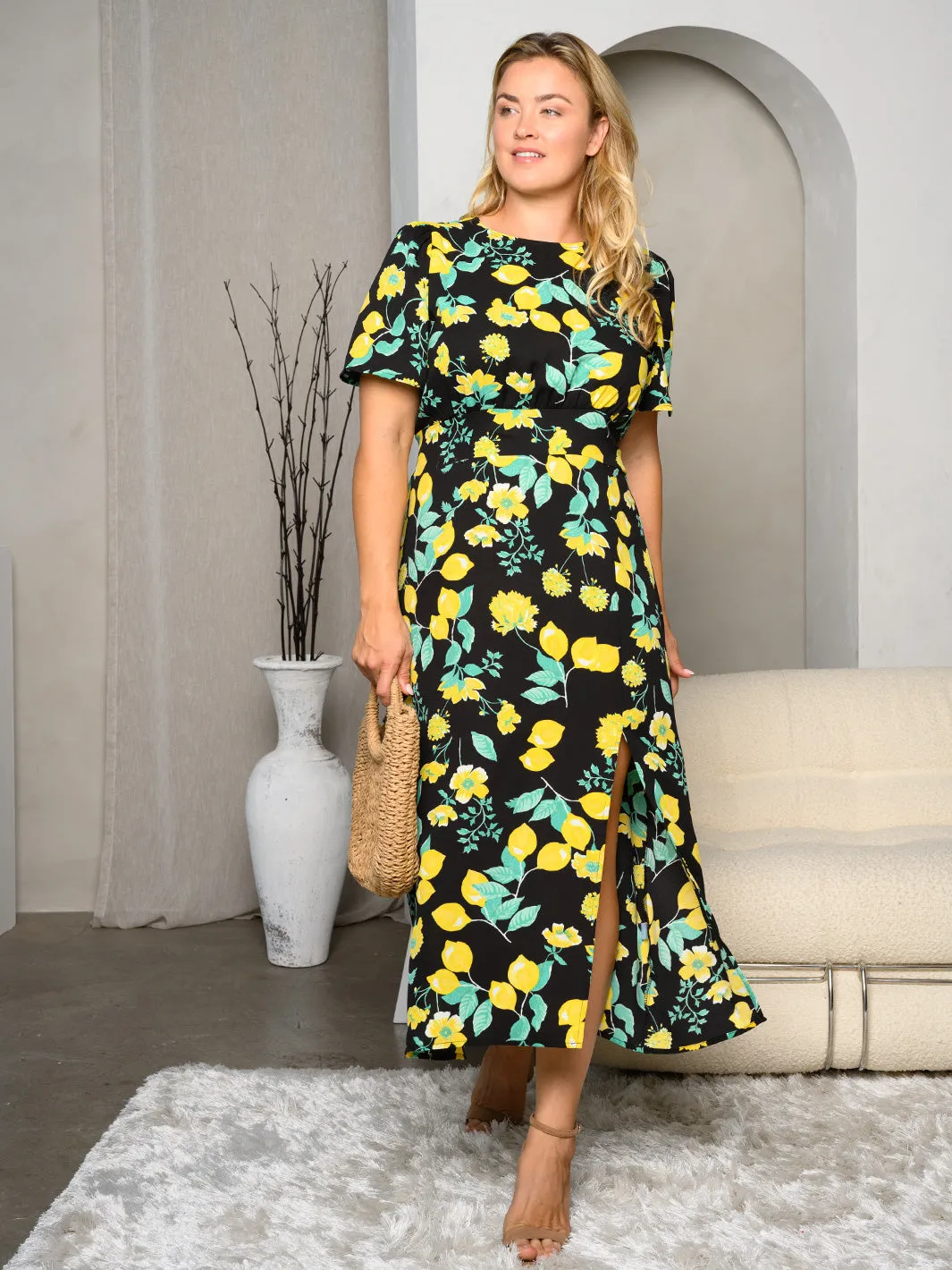 PLUS SIZE SHORT SLEEVE FRONT SLIT FLORAL MAXI DRESS