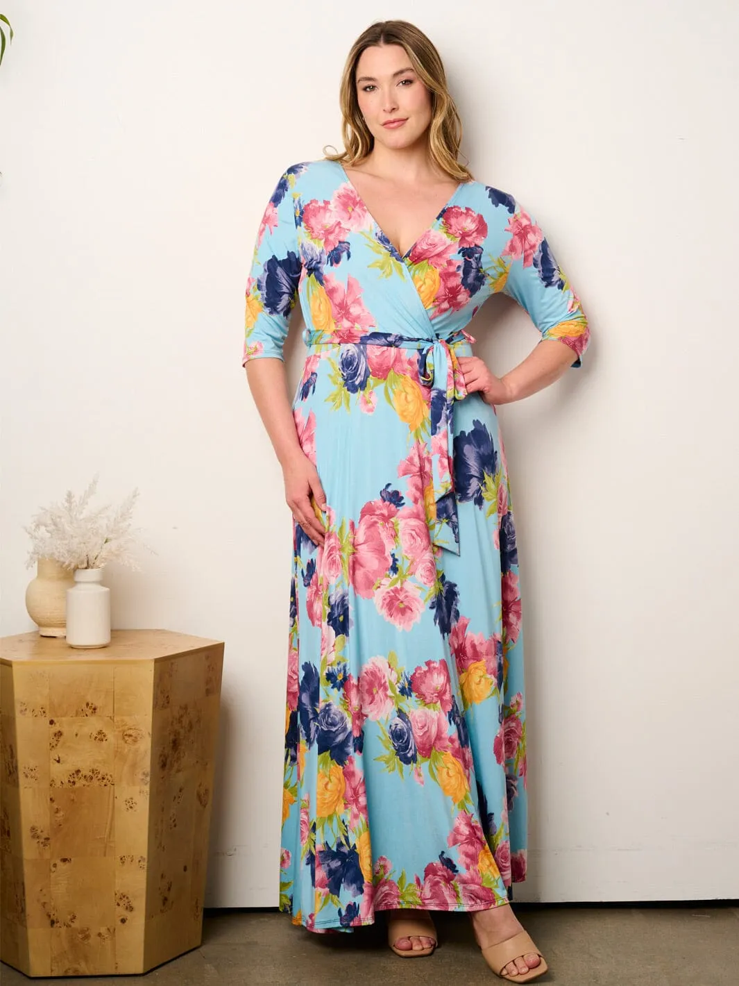 PLUS SIZE SHORT SLEEVE SELF TIE SURPLICE FLORAL MAXI DRESS