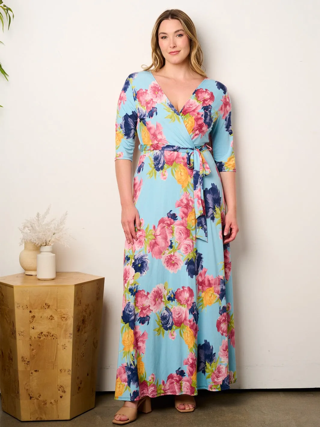 PLUS SIZE SHORT SLEEVE SELF TIE SURPLICE FLORAL MAXI DRESS