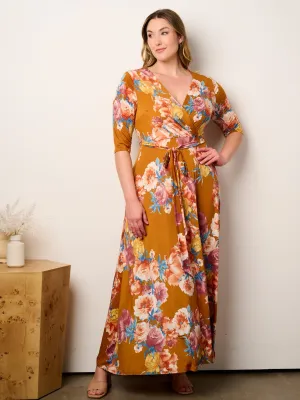 PLUS SIZE SHORT SLEEVE SELF TIE SURPLICE FLORAL MAXI DRESS