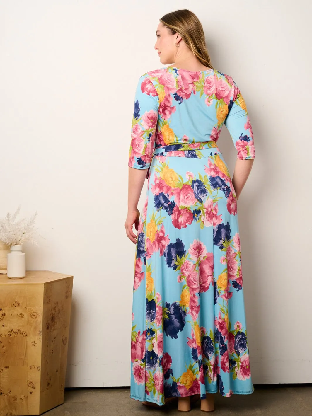 PLUS SIZE SHORT SLEEVE SELF TIE SURPLICE FLORAL MAXI DRESS