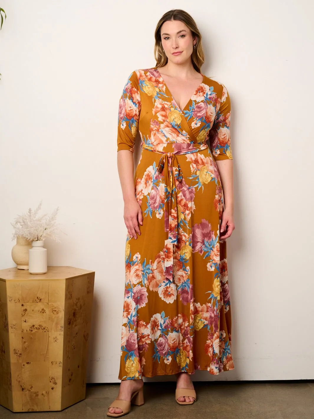 PLUS SIZE SHORT SLEEVE SELF TIE SURPLICE FLORAL MAXI DRESS