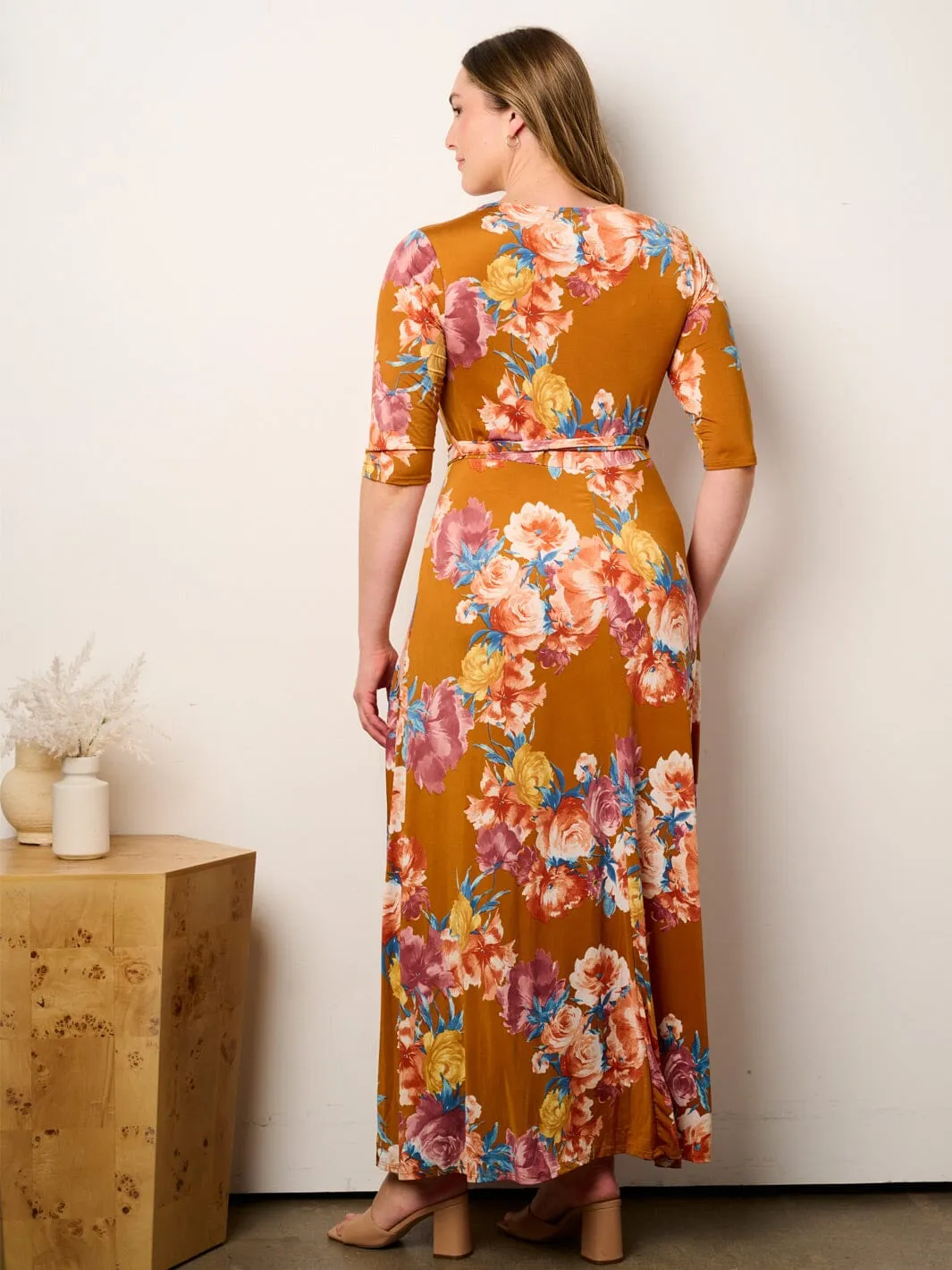 PLUS SIZE SHORT SLEEVE SELF TIE SURPLICE FLORAL MAXI DRESS