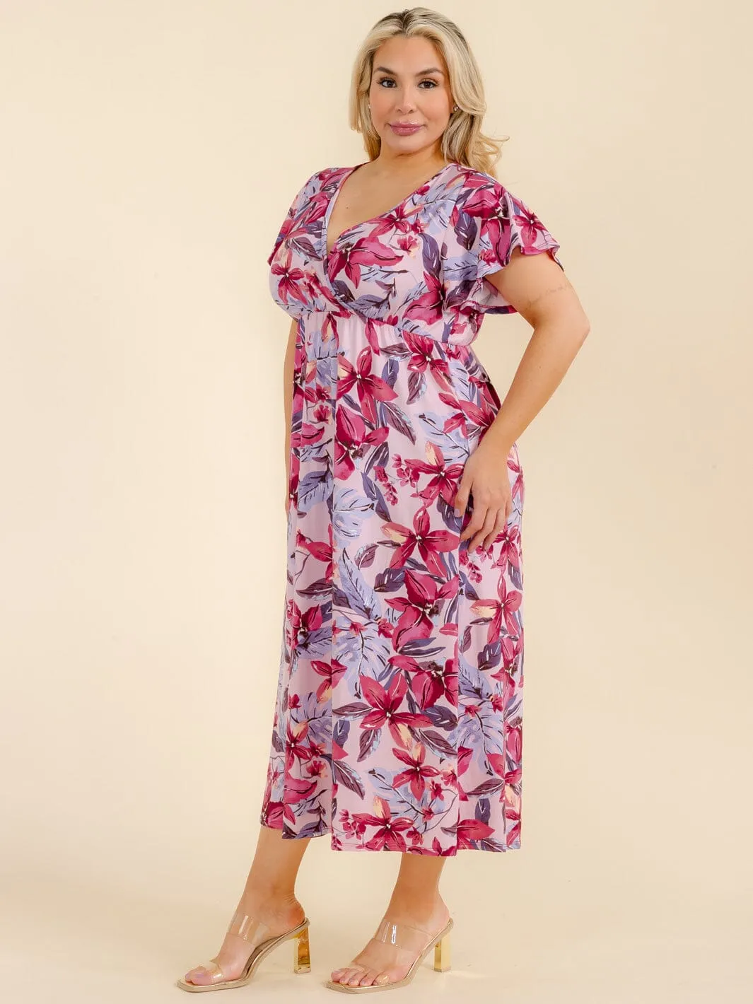 PLUS SIZE SHORT SLEEVE SURPLICE FLORAL MAXI DRESS