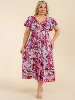PLUS SIZE SHORT SLEEVE SURPLICE FLORAL MAXI DRESS