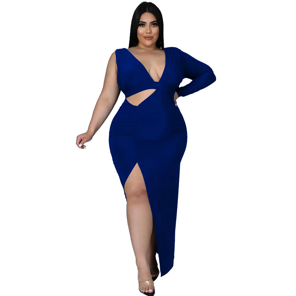Plus Size Single Sleeve Sexy Hollow Out Maxi Dress