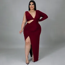 Plus Size Single Sleeve Sexy Hollow Out Maxi Dress