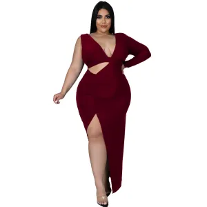 Plus Size Single Sleeve Sexy Hollow Out Maxi Dress