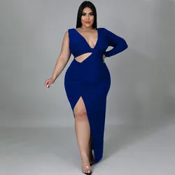 Plus Size Single Sleeve Sexy Hollow Out Maxi Dress