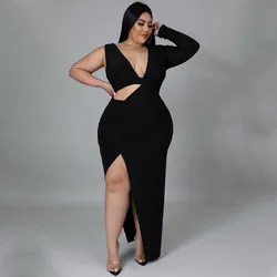 Plus Size Single Sleeve Sexy Hollow Out Maxi Dress