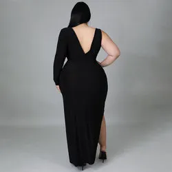 Plus Size Single Sleeve Sexy Hollow Out Maxi Dress