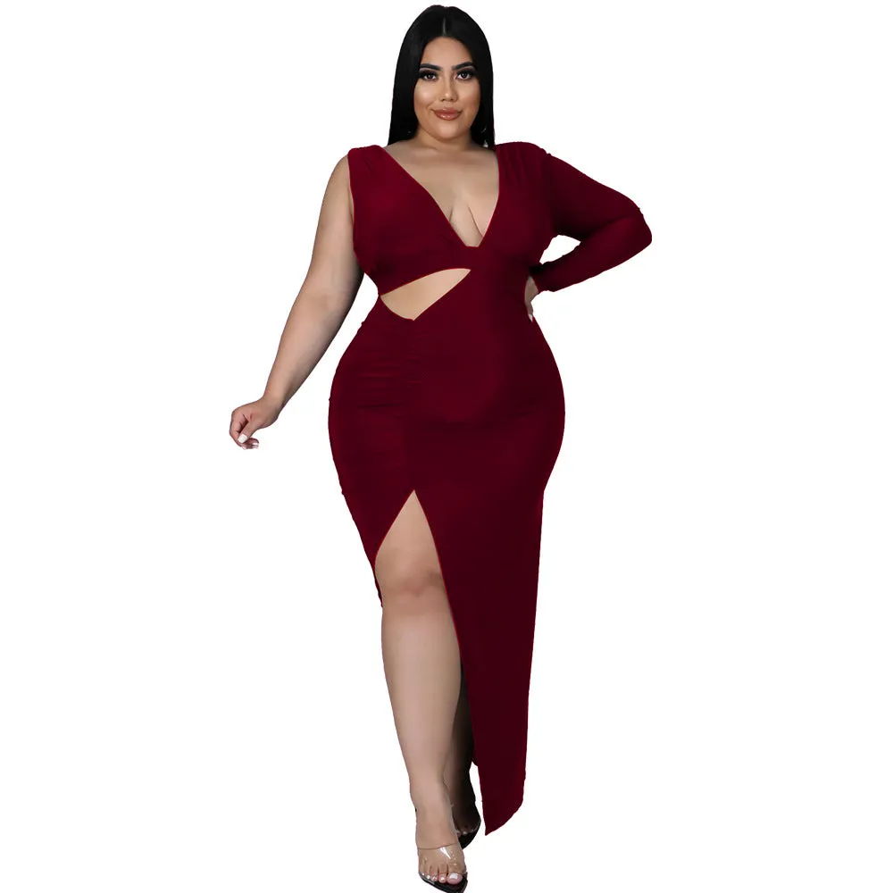 Plus Size Single Sleeve Sexy Hollow Out Maxi Dress
