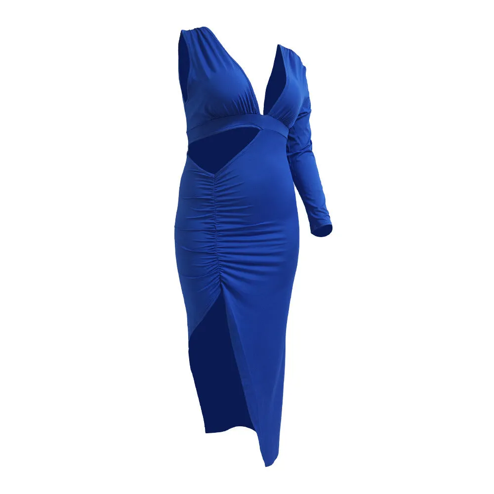 Plus Size Single Sleeve Sexy Hollow Out Maxi Dress