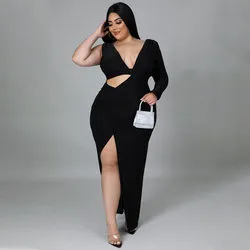 Plus Size Single Sleeve Sexy Hollow Out Maxi Dress