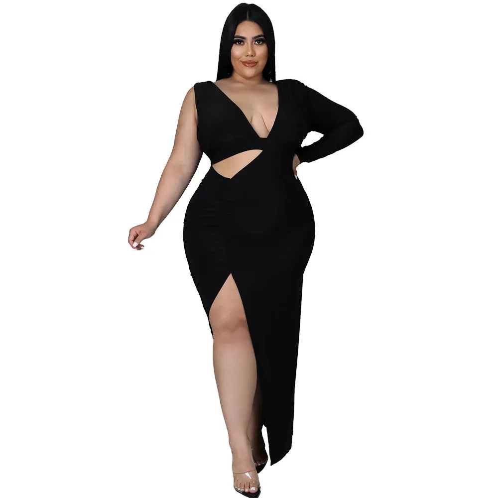 Plus Size Single Sleeve Sexy Hollow Out Maxi Dress