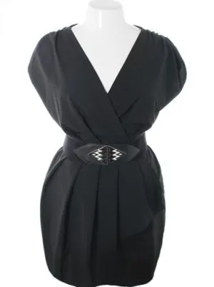 Plus Size Sleeveless Belted Wrap Black Dress