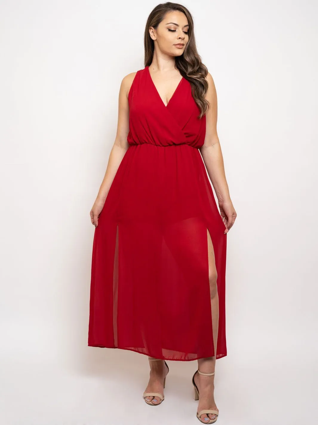 PLUS SIZE SLEEVELESS FRONT SLIT MAXI DRESS
