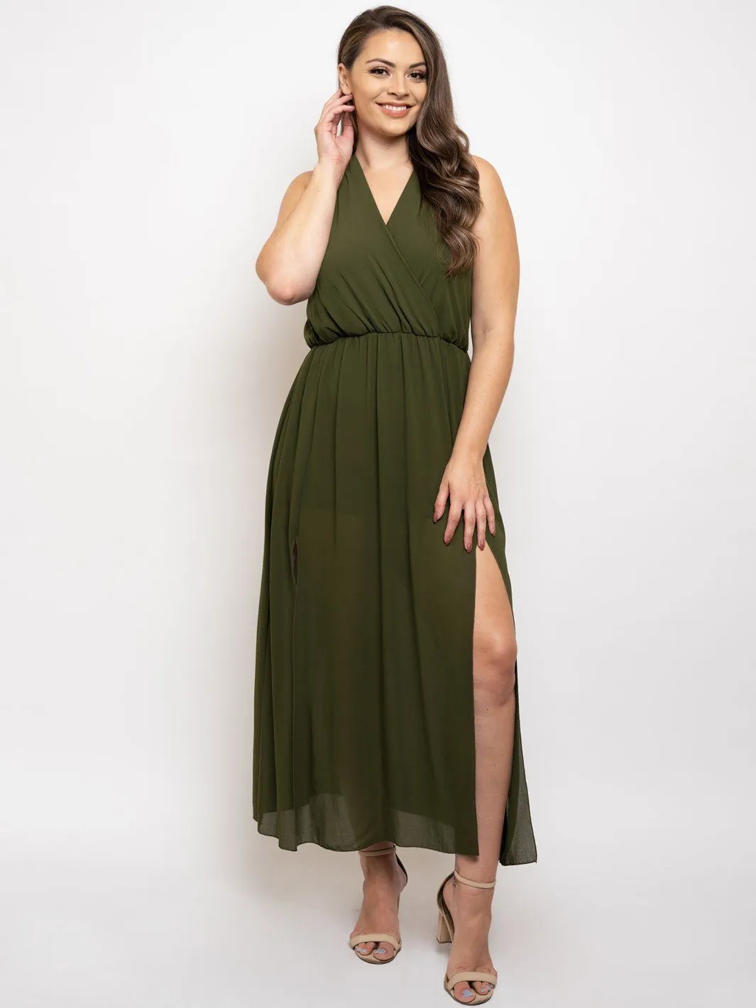 PLUS SIZE SLEEVELESS FRONT SLIT MAXI DRESS