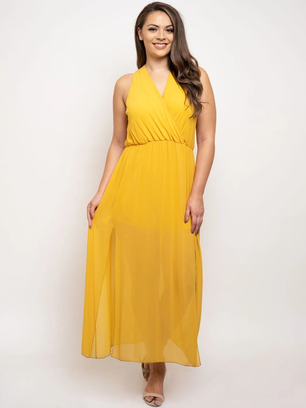 PLUS SIZE SLEEVELESS FRONT SLIT MAXI DRESS