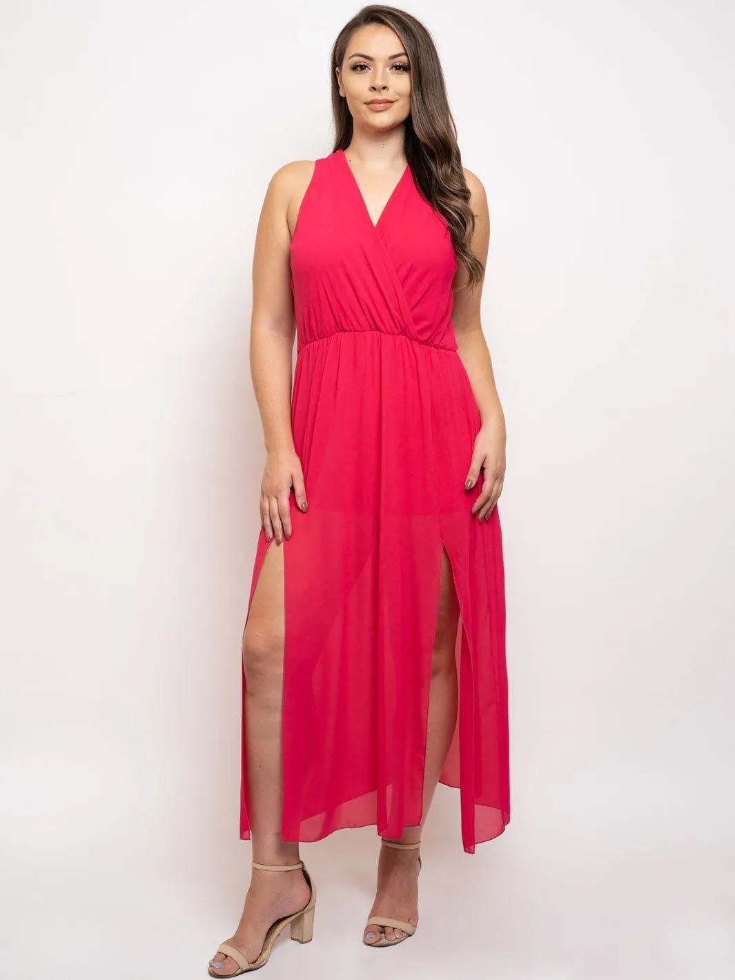 PLUS SIZE SLEEVELESS FRONT SLIT MAXI DRESS
