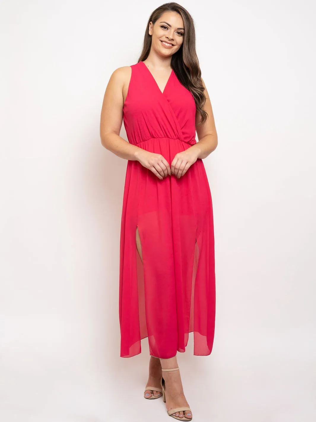 PLUS SIZE SLEEVELESS FRONT SLIT MAXI DRESS