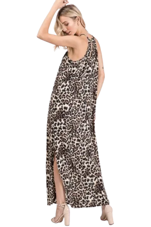 Plus Size Sleeveless Halter Neck Animal Print Maxi Dress with Side Pocket and Lace Detail Brown - Pack of 6