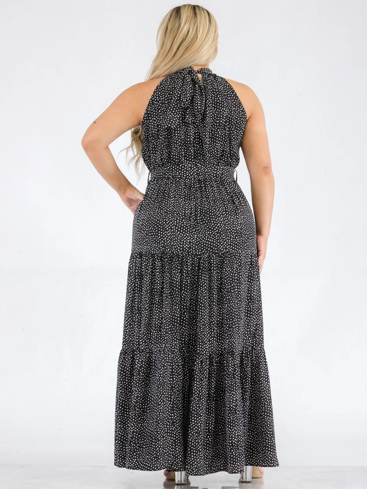 PLUS SIZE SLEEVELESS HALTER NECK ELASTIC WAIST POLKA DOTS MAXI DRESS