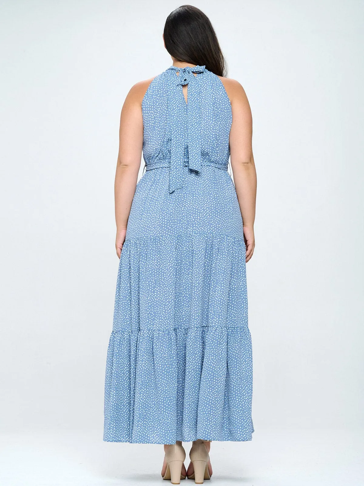 PLUS SIZE SLEEVELESS HALTER NECK ELASTIC WAIST POLKA DOTS MAXI DRESS