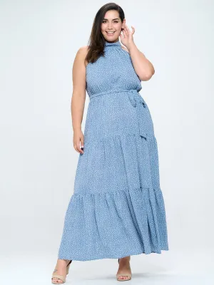 PLUS SIZE SLEEVELESS HALTER NECK ELASTIC WAIST POLKA DOTS MAXI DRESS